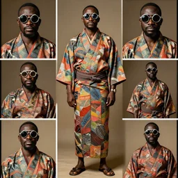 an african chief wearing a colourful Japanese Kimono and steam punk googles, african facial features, full body shot, rembrandt lighting, magazine collage,