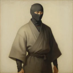 sfumato renaissance oil painting of a ninja shaman, modern minimal isei miyake outfit, in the style of syd mead, jeremy cowart, concept art
