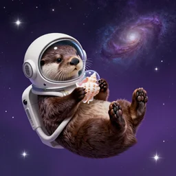 An otter floating in space. The space is purple has a lot of stars and a galaxy in the background. The otter has an astronaut helmet. The otter is curled up and holds a bubble with a seashell inside in his hands. Photorealistic.