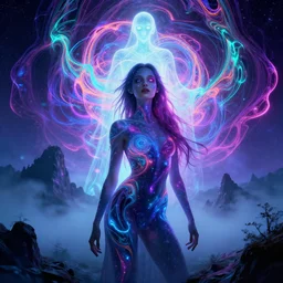 cosmic girl on haunted misty mountain with mystical phantom hallucination, ( ( synthwave ) ), ( ( fractal waves ) ), bright neon colors, highly detailed, exquisite detail, smooth gradients, cinematic, tim white, roger dean, michael whelan, caza, bob eggleton, philippe druillet, vladimir kush, kubrick, alfred kelsner, vallejo
