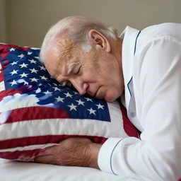a photograph of joe biden laying his head down on an american-flag pillow, wearing white pajamas, closed-eyes, symetrical, hyper-realistic, detailed, 8K