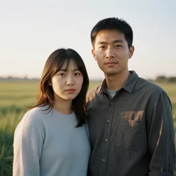 golden hour portrait of couple photographed with analog medium format pentax 6 7 in new york, 1 9 6 0 s film street photography, vintage expired colour film bokeh photograph