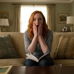 a very surprised looking  beautiful Christina Hendricks r in the living room, film still from the movie directed by Denis Villeneuve , wide lens