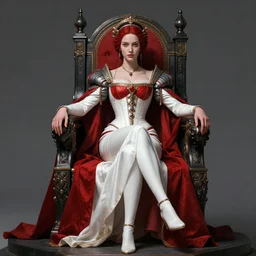 masterpiece concept art, a beautiful highly detailed sci - fi renaissance lady sit on the throne in palce, confident pose, by peter mohrbacher and jae lee, 8 k, intricate detail, cinematic lighting, red white and black colors