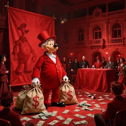 only with red, red disney scrooge with bags of money, floor with money, an auction in the square, a red canvas, in the style of beksinski, parts by edward hopper, parts by rodcenko, parts by yue minjun, intricate and epic composition, red by caravaggio, insanely quality, highly detailed, masterpiece, red light, artstation, 4 k
