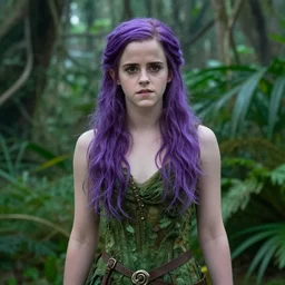 Emma Watson as a dryad with purple hair in the jungle