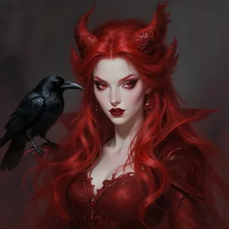 a portrait of red witch queen with raven, fantasy, sharp focus, intricate, elegant, digital painting, artstation, matte, highly detailed, concept art, illustration, ambient lighting, art by ilya kuvshinov, artgerm, jingna zhang, and greg rutkowski