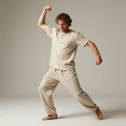 richard iv the roman king, excited real human wearing beige pyjama, soft studio lighting, sigma lens photo, he is dancing