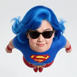thick chubby filipina superhero, pyrokinetic, sunglasses, sly grin, fully clothed, exaggerated perspective, flying toward camera, beautiful detailed face, bright blue hair, action pose, comic book style, highly detailed, dynamic shadows, dynamic lighting, geoff johns, jason fabok, jason fabok, brad anderson, splash art