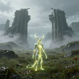 photo of mildly glowing ygrdasil on a foggy grass field with hills and giant gates in the backgrkund. very detailed, 8k, fantasy cyberpunk horror