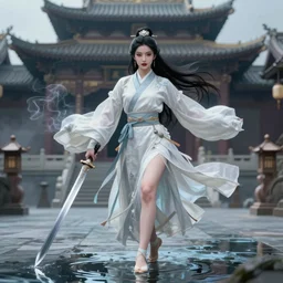 an epic fantasy comic book style portrait painting of a gorgeous sword dance chinese costume dove cameron, walking on water lipstick, eyeliner, by wlop trending on artstation & pinterest, long hair, smoke, full body xianxia, chinese temple, depth of field by yoji shinkawa 4 k
