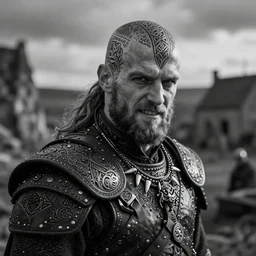 a cinematic view of wide bw photo from a very ornated old rasputin viking, shaved haircut, showing celtic tattoos in the head, using leather armour with necklace of teeth, naughty expression, photorealistic, volummetric light, depth of field, detailed, texturized, zeiss lens high professional mode
