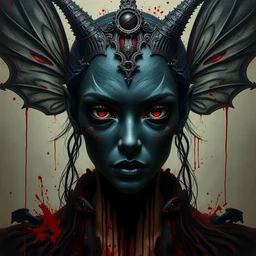 a hyper realistic portrait of a black fairy queen from hell, beautiful symmetrical face, award winning painting, brush splashes of blood, artwork by chiara bautista and beksinski and norman rockwell and greg rutkowski, tom bagshaw weta studio, and lucasfilm