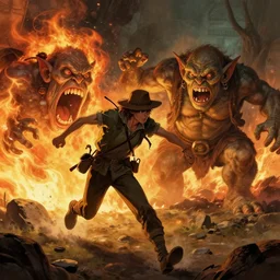 illustration of adventurer running away from angry burning goblin screaming for help, classic fantasy, discworld, terry pratchet, detailed, atmospheric light, by marco bucci and danny flynn