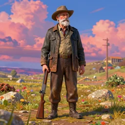 a 3 d model of an old man standing with a shotgun by john hoyland, surreal, overblown vibrant colors, masterpiece, physical based rendering, featured on pixiv, octane renderer, trending on pinterest