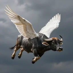 buffalo flying with white angelic wings on its back, photograph, beautiful lighting, 4 k