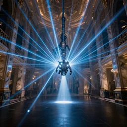 a spaceship beaming a light underneath, lasers all over the scene, strobe lights, winter, laser lights, crybernetic, top floor boss shit, destroy lonely, black floor, lavish, luxurious, marble walls, cinematic, hyper realism, high detail, octane render, 8 k