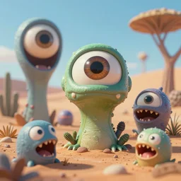 of a desert with large beautiful strange friendly creatures with big eyes, mouth and sharp teeth appearing from the ground, in the style of Gaudi, macro lens, shallow depth of field, highly detailed, digital painting, trending artstation, concept art, illustration, cinematic lighting, vibrant colors, photorealism, epic, octane render