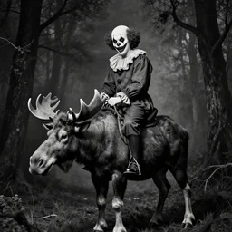 portrait of a scary clown riding a moose, by peder balke by peder balke by greg rutkowski, by guido crepax by norman bluhm mystic high contrast monochromatic noir