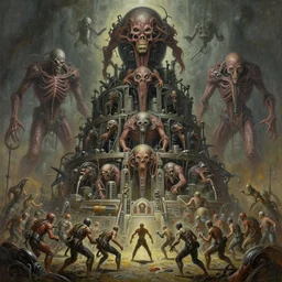 oil paint of 1 1 machines as terrifying flayed gods in tiers, colossal medical gangrene machines in tiers, dethroning / we machines / melee, battle pit, by shigeru komatsuzaki, wayne d barlowe, stefano tamburini, ember light, muted colors, epic, hyper detailed, awe inspiring, award winning horror, narrative lighting, hyper realism, cinematic