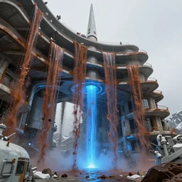 view from below of an arcology driven like a spear into the glacier, rust-colored waterfalls pouring from its upper balconies, blue radiation glow beneath, science fiction concept art by Greg Rutkowski and Moebius and Le Corbusier