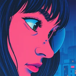 a close - up grainy risograph painting of cyberpunk japanese glance matte poster, cellophane accessories, blue hour, twilight, by moebius and lehr paul