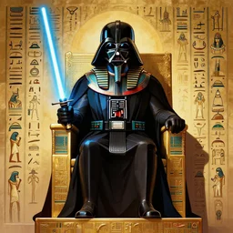 darth vader as pharaoh sitting on his throne holding a lighhtsaber, ancient egyptian hieroglyph, masterpiece