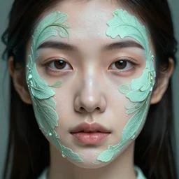 intricate highly detailed face portrait of asian - european woman, light mint water vines on her face, intricate, cgsociety, unreal engine, octane render, sharp focus, smooth, volumetric lighting, cinematic composition, artstation