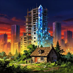 a beautiful very detailed anime illustration of unfinished building city building nature cottage by banksy, tron dramatic lighting at night gem assassin's creed landscape sunset thermal vision crystal, archdaily, wallpaper, highly detailed, trending on artstation.