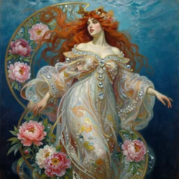 a realistic oil painting of a beautiful young woman resembling winnie harlow, flowing robes, peonies, crystal encrustations, underwater, fantasy art, by mucha, by bouguereau, intricate, colorful