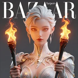 fashion portrait with fire, female, 3d, future, torch, flame, harper's bazaar, vogue, fashion magazine, intricate, concept art, close up, ornate, luxury, elite, elegant, trending on artstation, by ruan jia, by Kenneth Willardt, by ross tran, by WLOP, by Andrei Riabovitchev,
