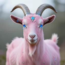 natural light, soft focus portrait of a cyberpunk anthropomorphic goat with soft synthetic pink skin, blue bioluminescent plastics, smooth shiny metal, elaborate ornate head piece, piercings, skin textures, by annie leibovitz, paul lehr