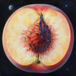 a painting of a stunning landscape, a planet in space, striking lighting, inside a large fruit peach slice, ilya kuvshinov, greg rutkowski, john singer sargent, anime, trending on artstation, intricate