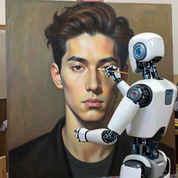 robot artist painting a self - portrait on a canvas. intricate, highly detailed, digital matte painting, in the style of alexandros pyromallis, and in the style of sachin teng, and in the style of hans thoma, and in the style of masamune shirow. irony, recursion, inspiration.