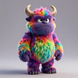 full body 3 d model of a multicolored cute grumpy furry monster with fuzzy horns, a 3 d render by wendy froud, designed by jim henson, dark rainbow colored fur, zbrush central contest winner, furry art, rendered in maya, vibrant, colorful, rendered in cinema 4 d, behance hd, daz 3 d, cgsociety, matte background
