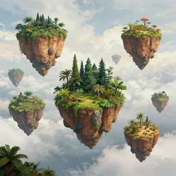 beautiful stunning slightly cloudly sky with various differently colored floating islands made of dirt and sand and stone with many varied rainforest forest desert plants and few little animals, landscape, fantasy, concept art, unreal engine, painted in photoshop, krita, clip studio paint, procreate, mypaint, digital art, trending on artstation