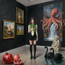 painting of flooded art gallery with paintings on black walls, emo girl holding a courgette, sydney, long black boots, pomegranates, octopus, waterfall, stone sculpture, zen, black swans, berries, surrealist, by magritte and monet