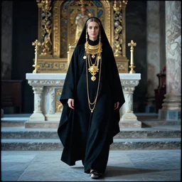 lomography, full body portrait photo of women like reol from a distance as a priestess wearing ornate gold jewelry and black robe walking past a altar in a ancient temple interior, moody, realistic, dynamic perspective pose, light blue filter, skin tinted a warm tone, hdr, rounded eyes, detailed facial features, alphone mucha, heian, black white gold