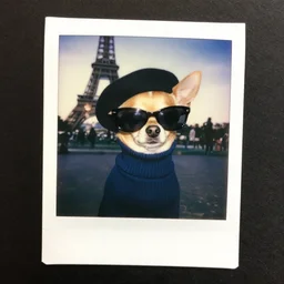a chihuahua wearing a turtleneck, beret and sunglasses, paris 2010, polaroid photo