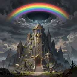 the crypt of the summoner mountain with the black hole rainbow event horizon in the sky, by anton semenov, trending on artstation, signature, fantasy alchemist