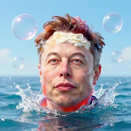 a funny sculpture of a elon musk squashed head made from juicy jelly wrapped in cling film with ice cream spread on it on ocean water, funny face, brain, giant bubbles, 3 d objects, realistic water splashes, water art, vibrant, in the style of mike campau, cg render, ray tracing, 8 k resolution, sharp