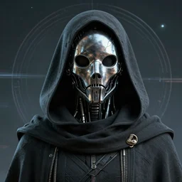 retrofuturistic portrait of a dystopian wanderer, hood and cloak, metal cyborg face mask, space graphics in background, close up, quint buchholz, wlop, dan mumford, artgerm, liam brazier, peter mohrbacher, raw, featured on artstation, octane render, cinematic, elegant, intricate, 8 k