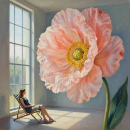 closeup, huge flower head, woman sitting on a lounge chair by a tall window, surreal photography, studio light, impressionist painting, digital painting, artstation, simon stalenhag