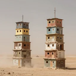 two high towers made up of stacked makeshift squatter shacks on a desert, bleached colours, dust storm, hasselblad, fine details, photographed by ansel adams