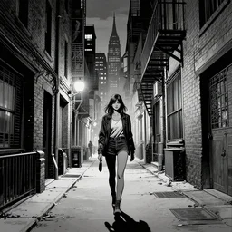 beautiful landscape of gotham city back alley in the night with girl walking on the street, grayscale color scheme, comic book artstyle, by jack kirby