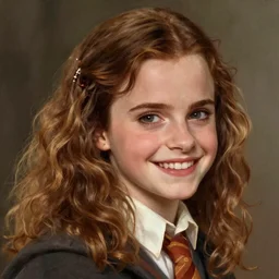 Emma Watson as Hermione Granger. Happy. Cheerful. Smiling. Western. Closeup. Fantasy. Intricate Elegant. Highly detailed. Digital painting. Artstation. Concept art. Matte. Sharp focus. Illustration. 4K. Art by William-Adolphe Bouguereau.