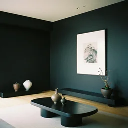 8 k film still, a luxury apartment by japanese architect, black walls, pottery and art, ikebana, zen
