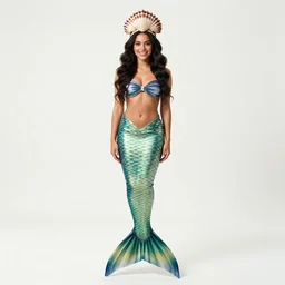 cheerful mermaid with shell crown, cinematic studio photo, full body, standing, isolated on a pure white background, centered, whole figure in frame, sharp focus, studio lighting