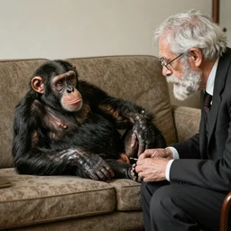 a photograph of a chimpanzee lying on his therapists couch, the therapist is also a chimp looking like Sigmund Freud, psychoanalysis, therapy, photo
