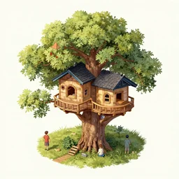 Isometric view of a tree house society, intricate, illustration, hyper detailed, detailed